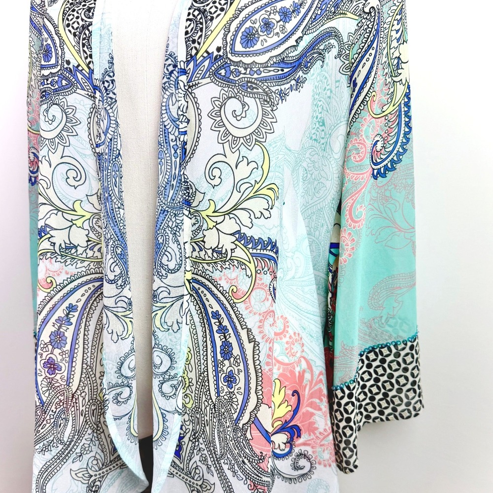 Soft Surroundings Womens S M Sheer Kimono Blue Paisley Sequin Sleeve Boho Duster - Picture 4 of 9